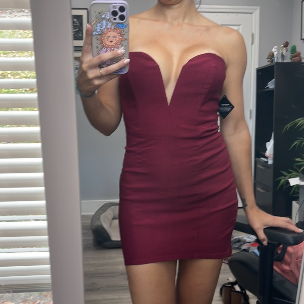 Nasty gal, plunging neckline oxblood tube dress.